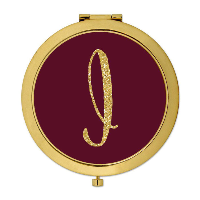 Andaz Press Burgundy Maroon Jewel Tone with Faux Gold Glitter Monogram 2.75 inch Round Gold Compact Mirror-Set of 1-Andaz Press-I-