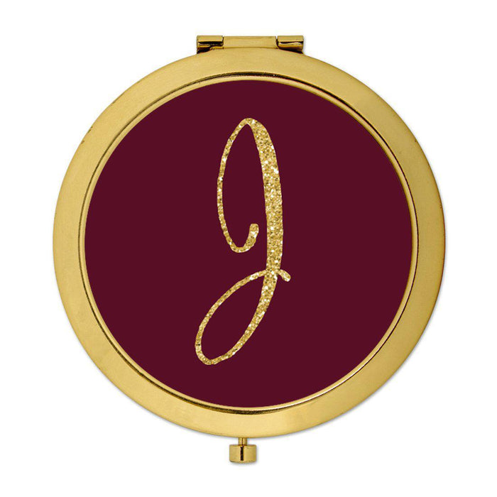 Andaz Press Burgundy Maroon Jewel Tone with Faux Gold Glitter Monogram 2.75 inch Round Gold Compact Mirror-Set of 1-Andaz Press-J-