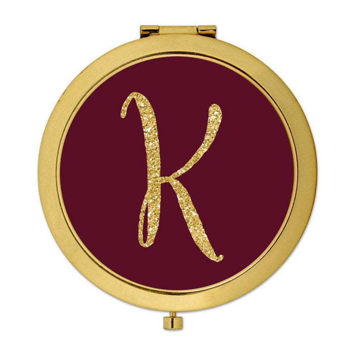 Andaz Press Burgundy Maroon Jewel Tone with Faux Gold Glitter Monogram 2.75 inch Round Gold Compact Mirror-Set of 1-Andaz Press-K-