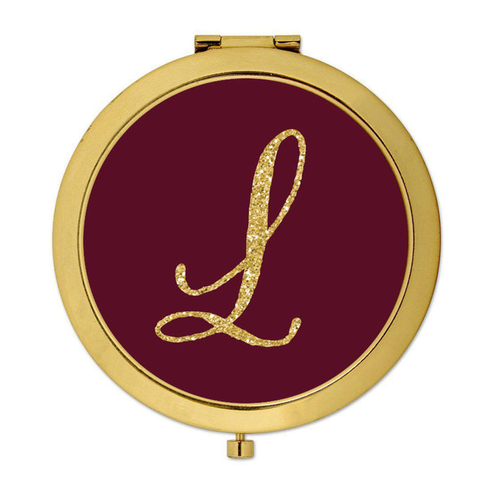 Andaz Press Burgundy Maroon Jewel Tone with Faux Gold Glitter Monogram 2.75 inch Round Gold Compact Mirror-Set of 1-Andaz Press-L-