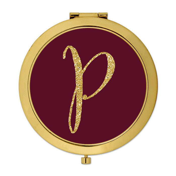 Andaz Press Burgundy Maroon Jewel Tone with Faux Gold Glitter Monogram 2.75 inch Round Gold Compact Mirror-Set of 1-Andaz Press-P-
