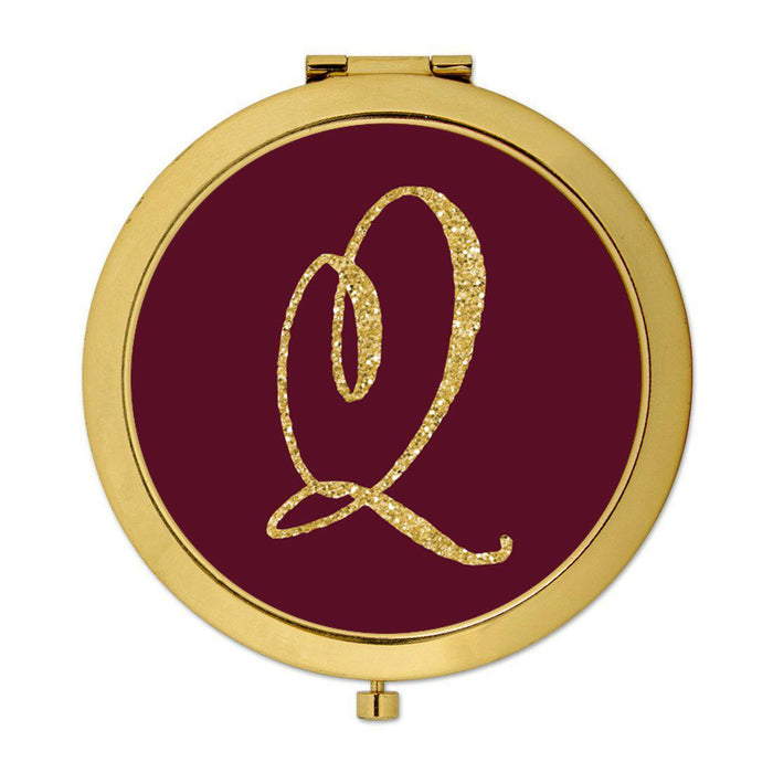 Andaz Press Burgundy Maroon Jewel Tone with Faux Gold Glitter Monogram 2.75 inch Round Gold Compact Mirror-Set of 1-Andaz Press-Q-