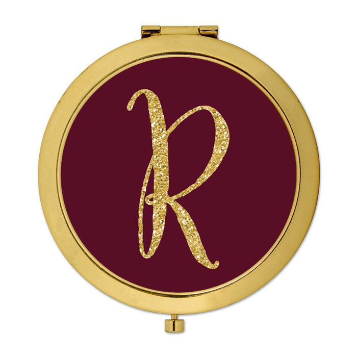 Andaz Press Burgundy Maroon Jewel Tone with Faux Gold Glitter Monogram 2.75 inch Round Gold Compact Mirror-Set of 1-Andaz Press-R-