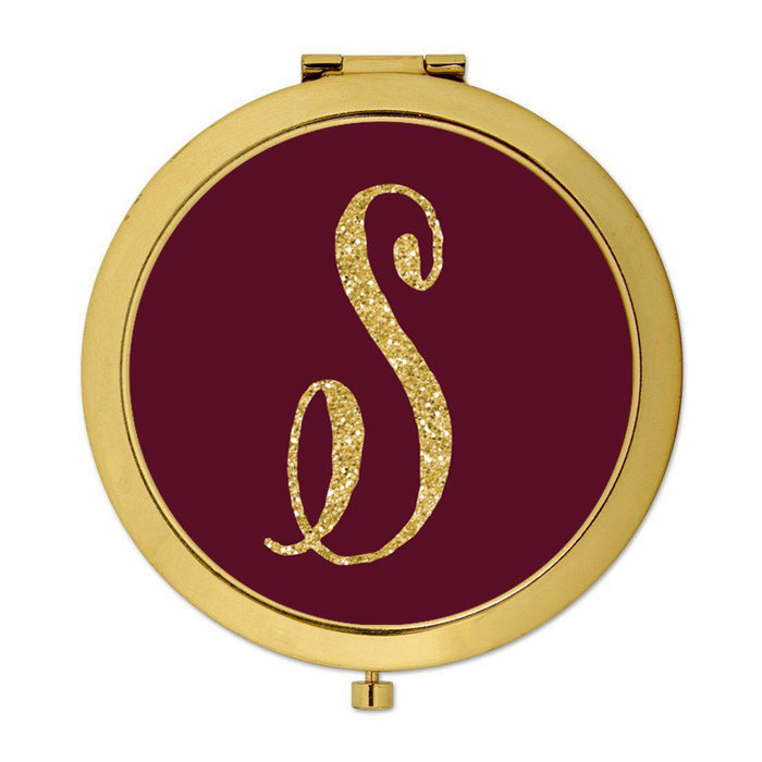 Andaz Press Burgundy Maroon Jewel Tone with Faux Gold Glitter Monogram 2.75 inch Round Gold Compact Mirror-Set of 1-Andaz Press-S-