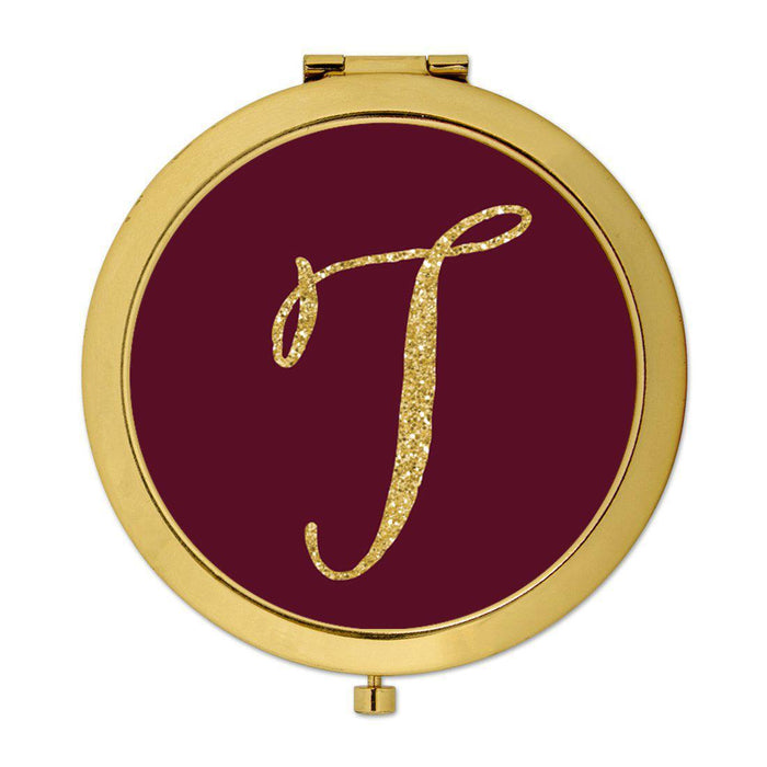 Andaz Press Burgundy Maroon Jewel Tone with Faux Gold Glitter Monogram 2.75 inch Round Gold Compact Mirror-Set of 1-Andaz Press-T-