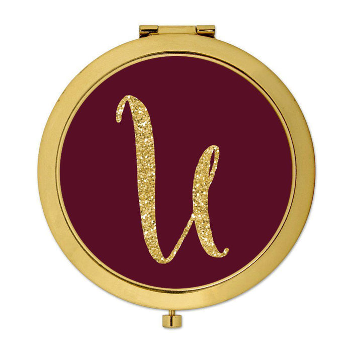 Andaz Press Burgundy Maroon Jewel Tone with Faux Gold Glitter Monogram 2.75 inch Round Gold Compact Mirror-Set of 1-Andaz Press-U-