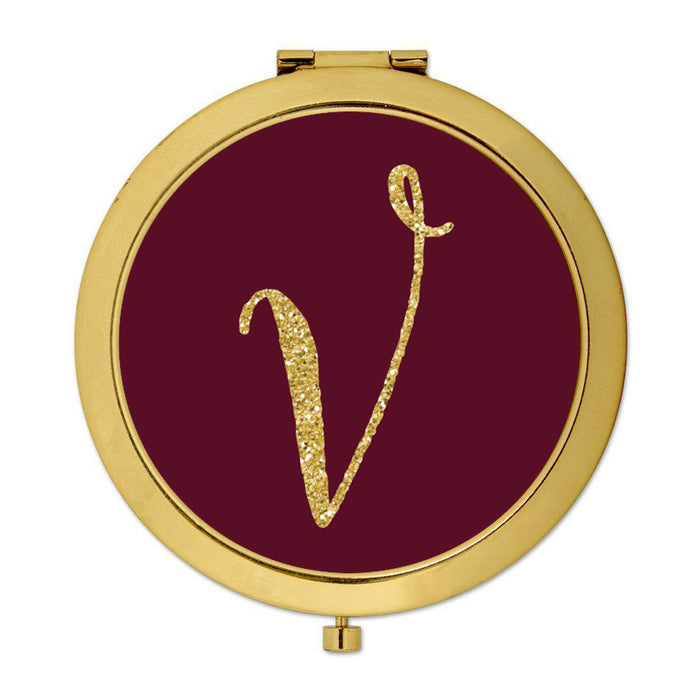 Andaz Press Burgundy Maroon Jewel Tone with Faux Gold Glitter Monogram 2.75 inch Round Gold Compact Mirror-Set of 1-Andaz Press-V-