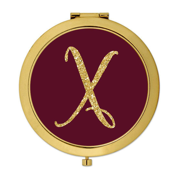 Andaz Press Burgundy Maroon Jewel Tone with Faux Gold Glitter Monogram 2.75 inch Round Gold Compact Mirror-Set of 1-Andaz Press-X-