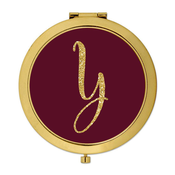 Andaz Press Burgundy Maroon Jewel Tone with Faux Gold Glitter Monogram 2.75 inch Round Gold Compact Mirror-Set of 1-Andaz Press-Y-