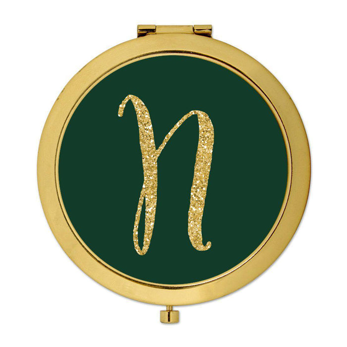 Andaz Press Emerald Green Gold Glitter Monogram Gold 2.75 inch Round Compact Mirror-Set of 1-Andaz Press-A-