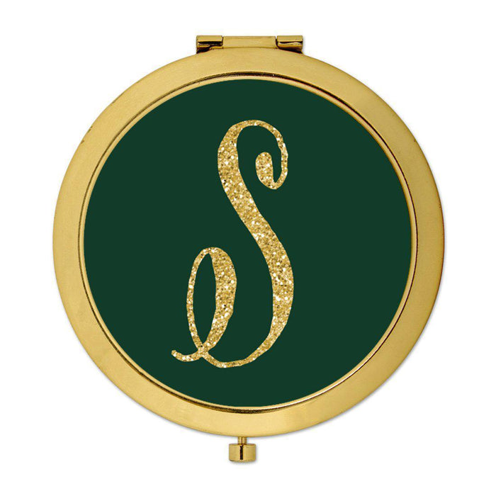 Andaz Press Emerald Green Gold Glitter Monogram Gold 2.75 inch Round Compact Mirror-Set of 1-Andaz Press-A-