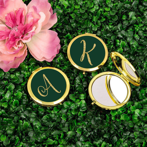 Andaz Press Emerald Green Gold Glitter Monogram Gold 2.75 inch Round Compact Mirror-Set of 1-Andaz Press-A-