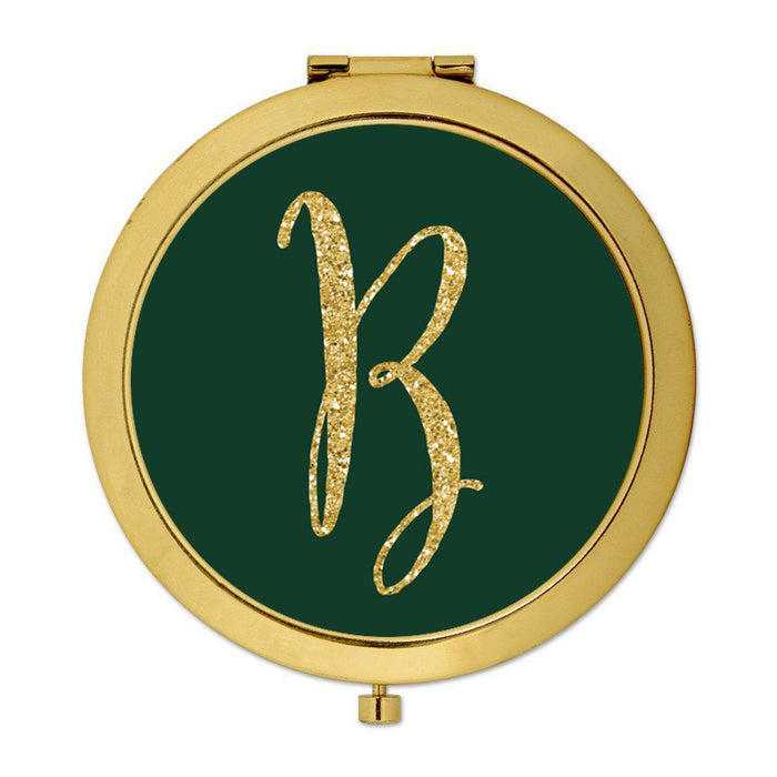 Andaz Press Emerald Green Gold Glitter Monogram Gold 2.75 inch Round Compact Mirror-Set of 1-Andaz Press-B-