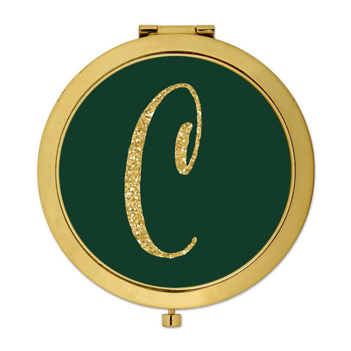 Andaz Press Emerald Green Gold Glitter Monogram Gold 2.75 inch Round Compact Mirror-Set of 1-Andaz Press-C-