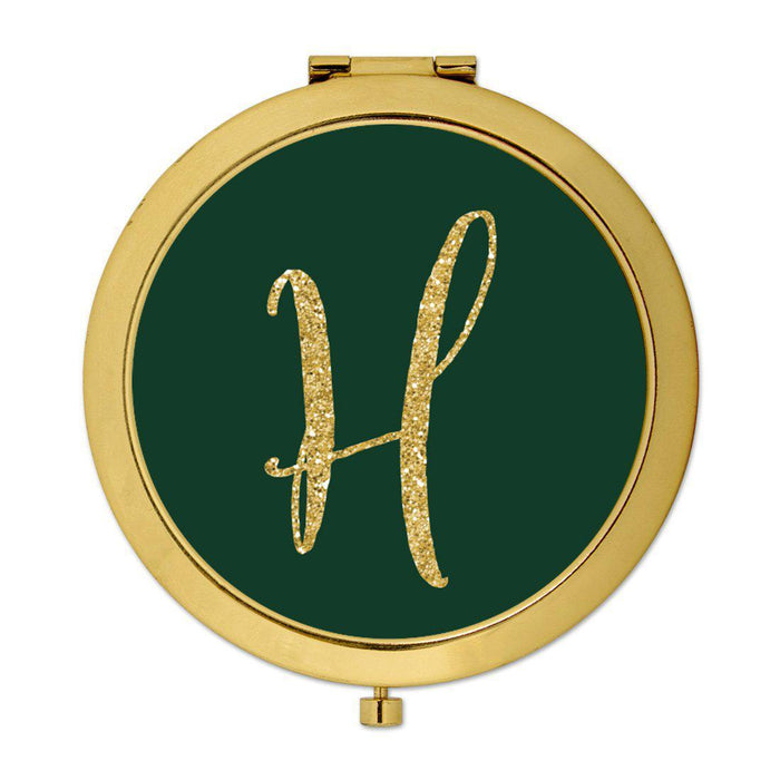 Andaz Press Emerald Green Gold Glitter Monogram Gold 2.75 inch Round Compact Mirror-Set of 1-Andaz Press-H-