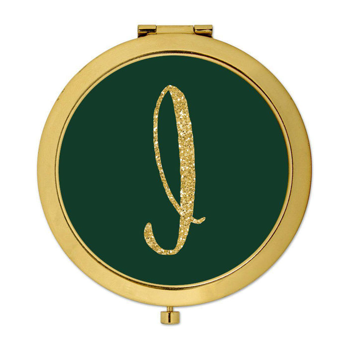 Andaz Press Emerald Green Gold Glitter Monogram Gold 2.75 inch Round Compact Mirror-Set of 1-Andaz Press-I-