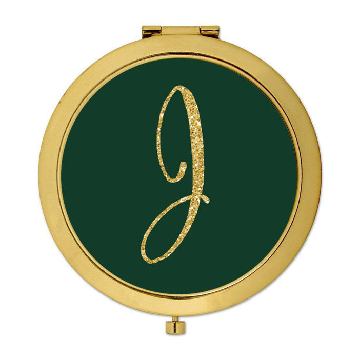 Andaz Press Emerald Green Gold Glitter Monogram Gold 2.75 inch Round Compact Mirror-Set of 1-Andaz Press-J-