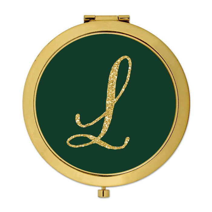 Andaz Press Emerald Green Gold Glitter Monogram Gold 2.75 inch Round Compact Mirror-Set of 1-Andaz Press-L-