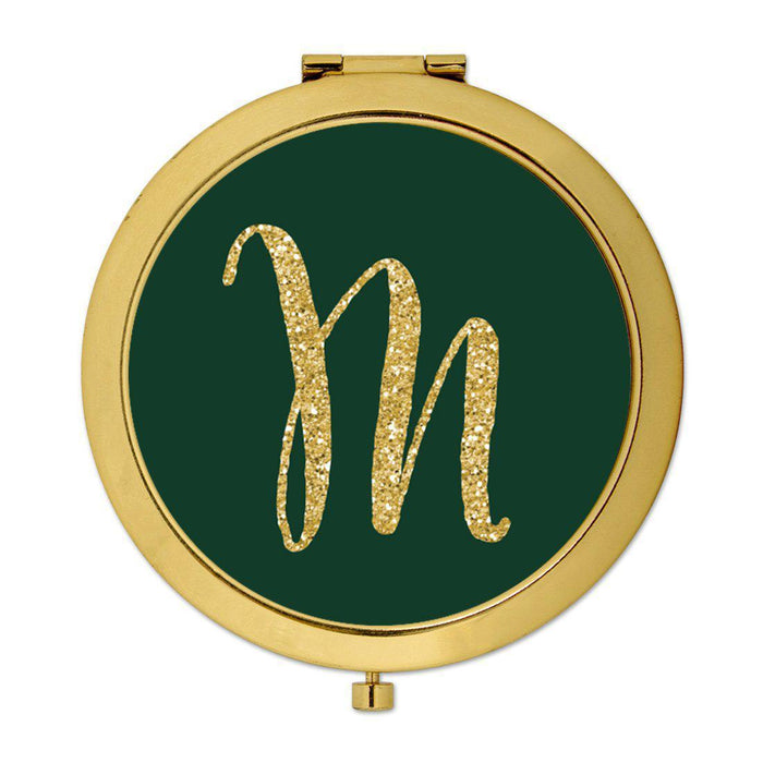 Andaz Press Emerald Green Gold Glitter Monogram Gold 2.75 inch Round Compact Mirror-Set of 1-Andaz Press-M-