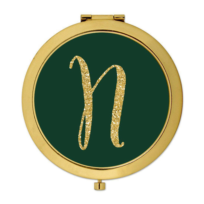 Andaz Press Emerald Green Gold Glitter Monogram Gold 2.75 inch Round Compact Mirror-Set of 1-Andaz Press-N-