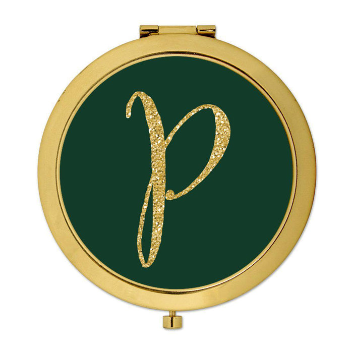 Andaz Press Emerald Green Gold Glitter Monogram Gold 2.75 inch Round Compact Mirror-Set of 1-Andaz Press-P-