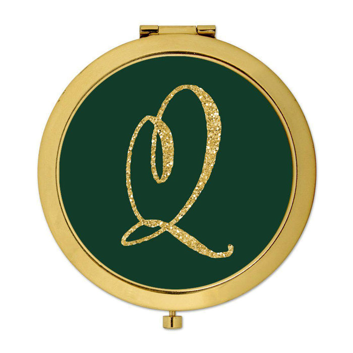 Andaz Press Emerald Green Gold Glitter Monogram Gold 2.75 inch Round Compact Mirror-Set of 1-Andaz Press-Q-