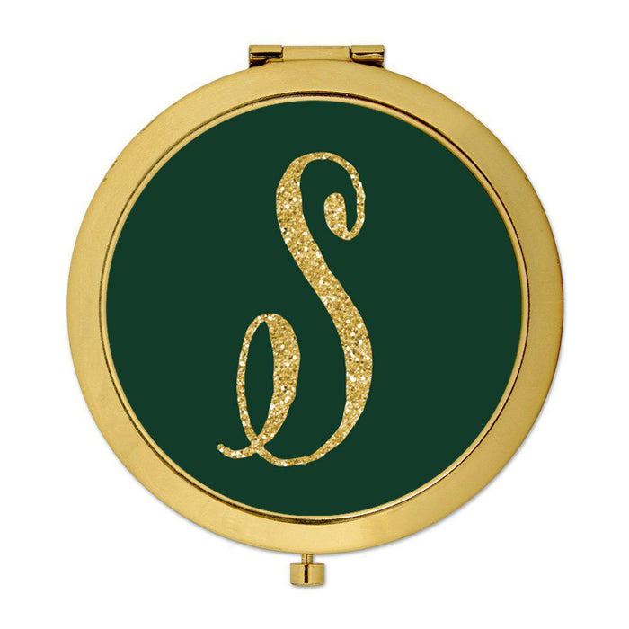 Andaz Press Emerald Green Gold Glitter Monogram Gold 2.75 inch Round Compact Mirror-Set of 1-Andaz Press-S-