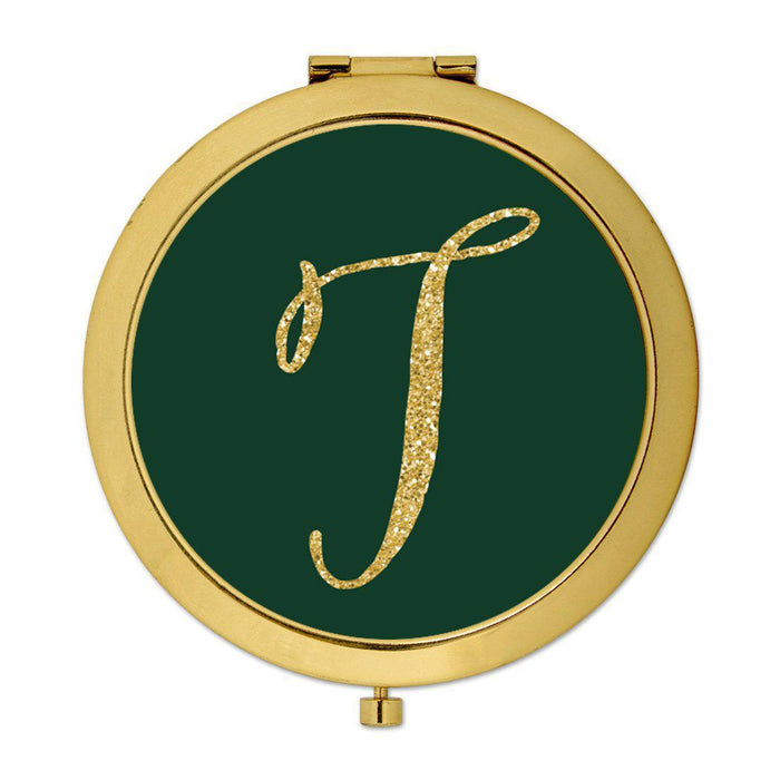 Andaz Press Emerald Green Gold Glitter Monogram Gold 2.75 inch Round Compact Mirror-Set of 1-Andaz Press-T-