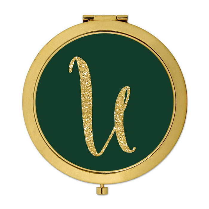 Andaz Press Emerald Green Gold Glitter Monogram Gold 2.75 inch Round Compact Mirror-Set of 1-Andaz Press-U-