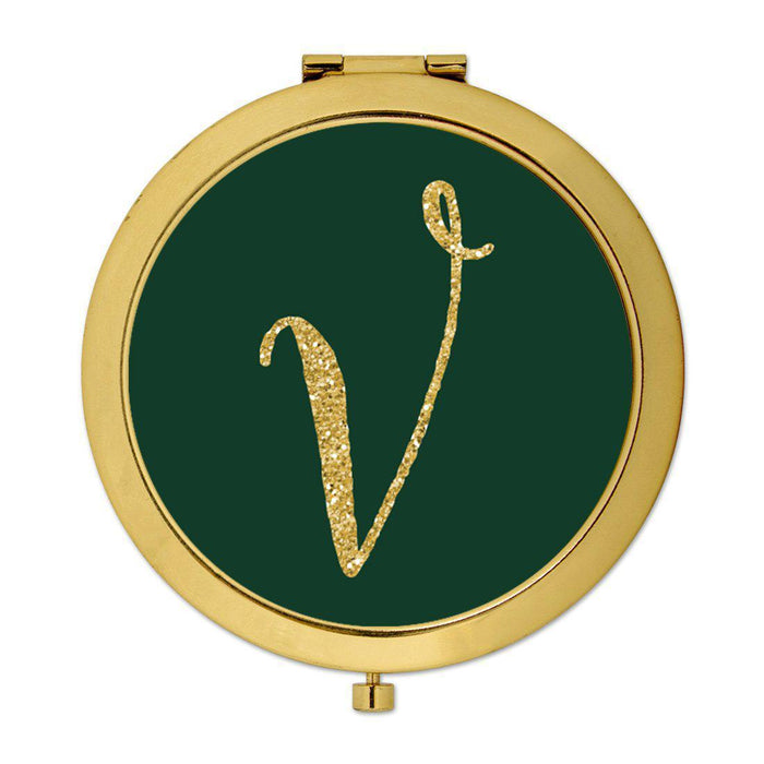 Andaz Press Emerald Green Gold Glitter Monogram Gold 2.75 inch Round Compact Mirror-Set of 1-Andaz Press-V-