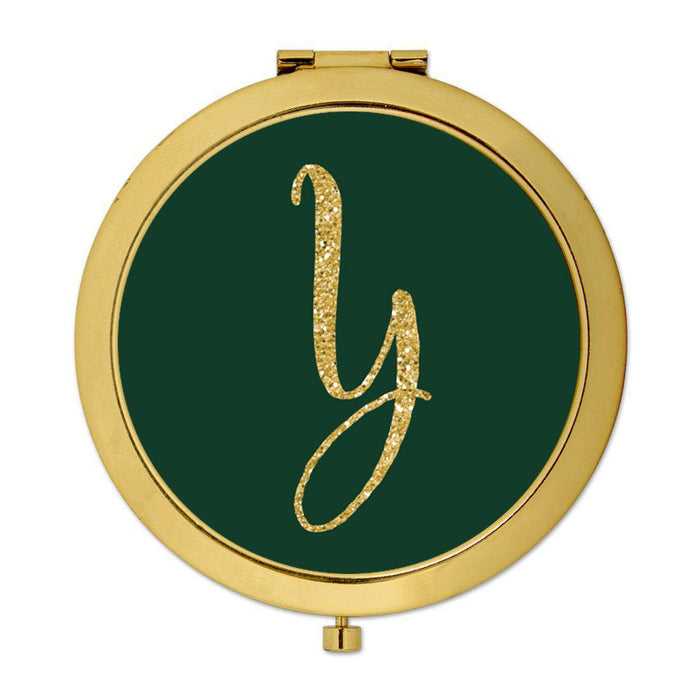Andaz Press Emerald Green Gold Glitter Monogram Gold 2.75 inch Round Compact Mirror-Set of 1-Andaz Press-Y-