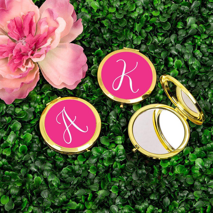 Andaz Press Fuchsia Hot Pink Monogram Gold 2.75 inch Round Compact Mirror-Set of 1-Andaz Press-A-