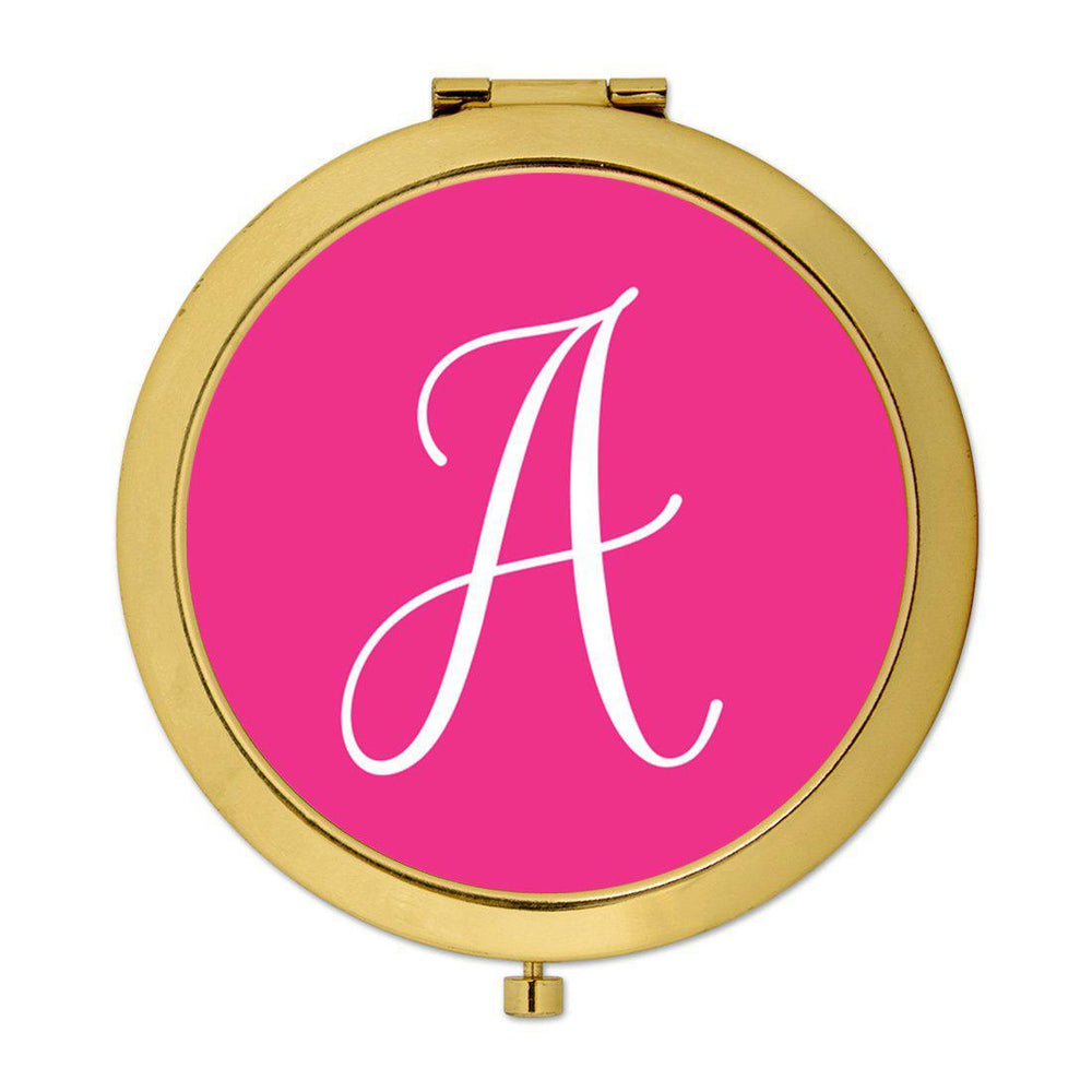 Andaz Press Fuchsia Hot Pink Monogram Gold 2.75 inch Round Compact Mirror-Set of 1-Andaz Press-A-