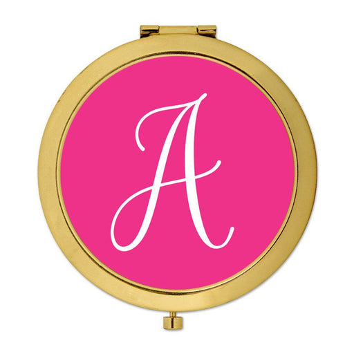 Andaz Press Fuchsia Hot Pink Monogram Gold 2.75 inch Round Compact Mirror-Set of 1-Andaz Press-A-