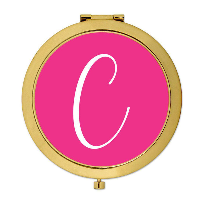 Andaz Press Fuchsia Hot Pink Monogram Gold 2.75 inch Round Compact Mirror-Set of 1-Andaz Press-C-