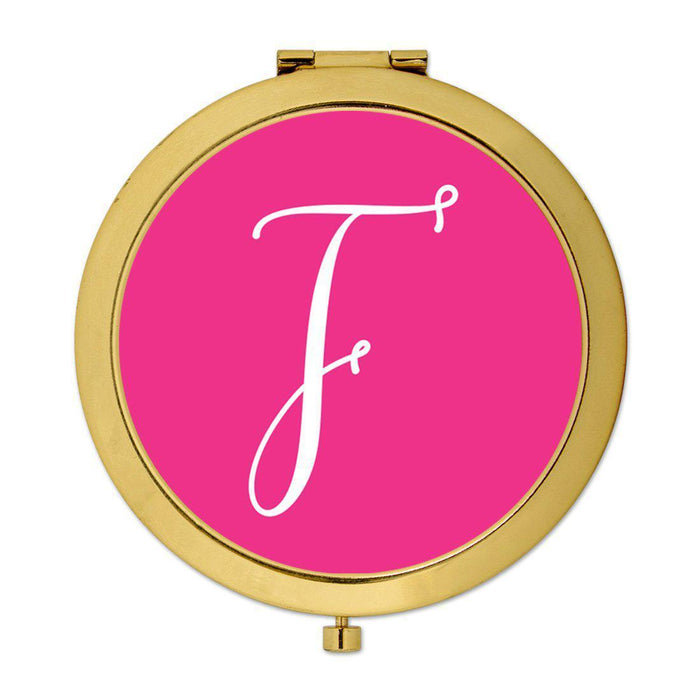 Andaz Press Fuchsia Hot Pink Monogram Gold 2.75 inch Round Compact Mirror-Set of 1-Andaz Press-F-