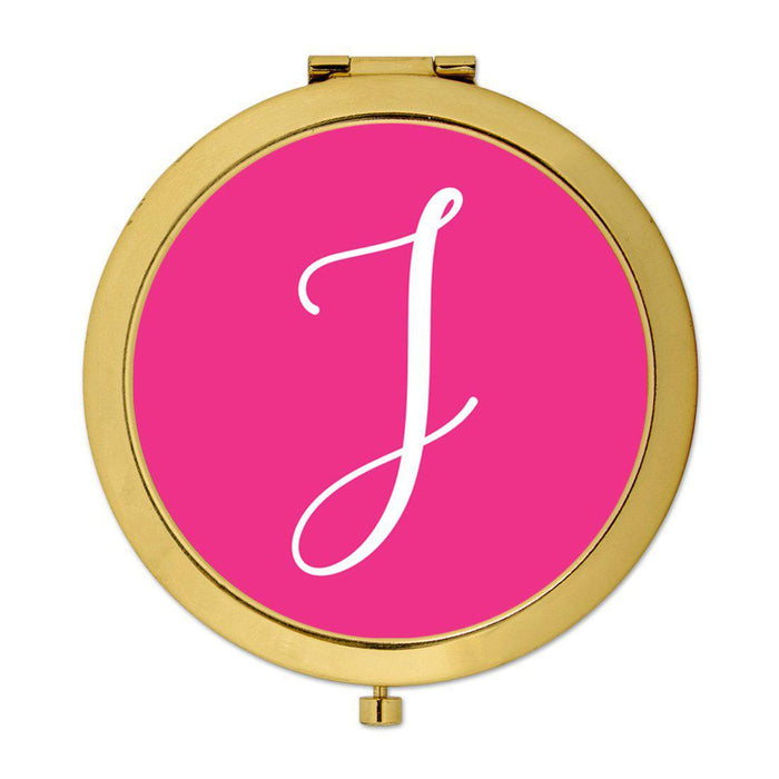 Andaz Press Fuchsia Hot Pink Monogram Gold 2.75 inch Round Compact Mirror-Set of 1-Andaz Press-J-