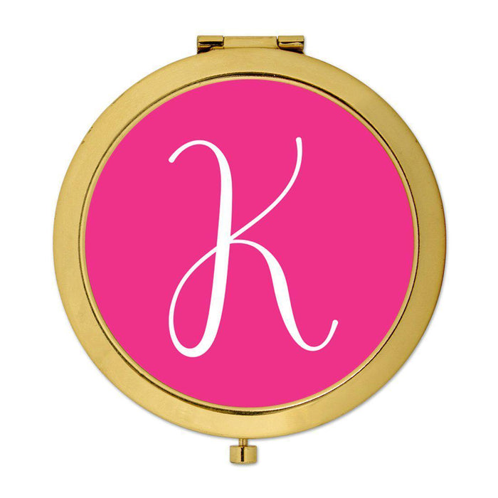 Andaz Press Fuchsia Hot Pink Monogram Gold 2.75 inch Round Compact Mirror-Set of 1-Andaz Press-K-