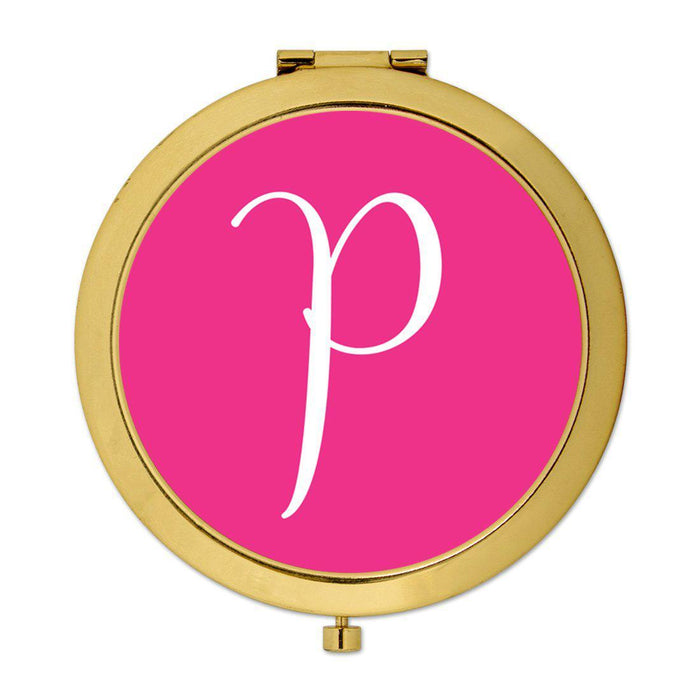 Andaz Press Fuchsia Hot Pink Monogram Gold 2.75 inch Round Compact Mirror-Set of 1-Andaz Press-P-
