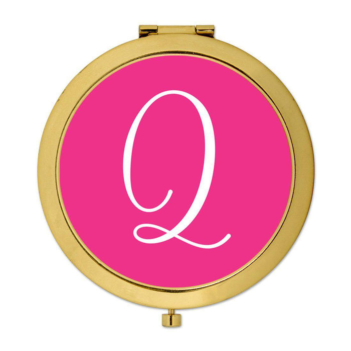Andaz Press Fuchsia Hot Pink Monogram Gold 2.75 inch Round Compact Mirror-Set of 1-Andaz Press-Q-