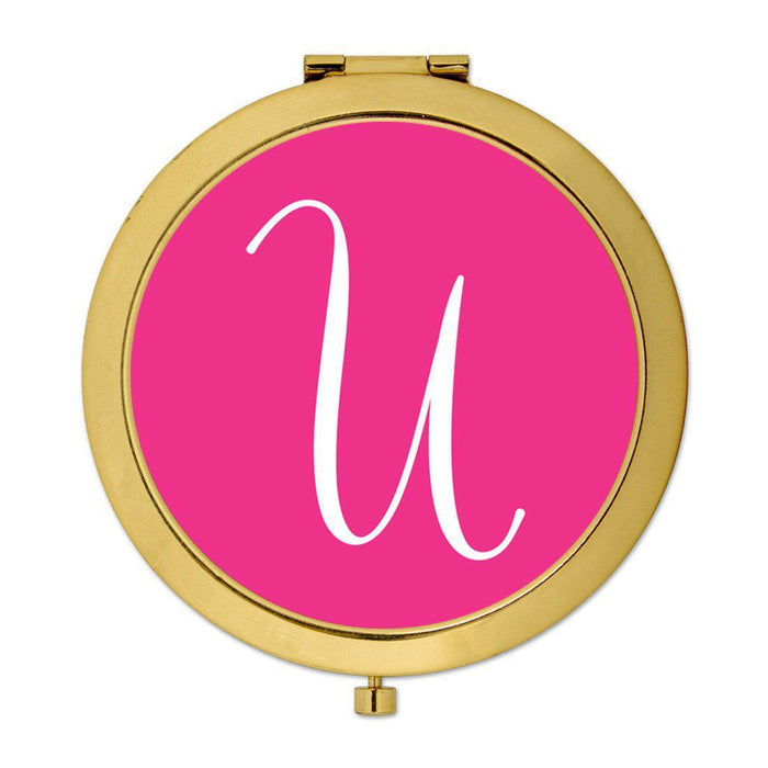 Andaz Press Fuchsia Hot Pink Monogram Gold 2.75 inch Round Compact Mirror-Set of 1-Andaz Press-U-