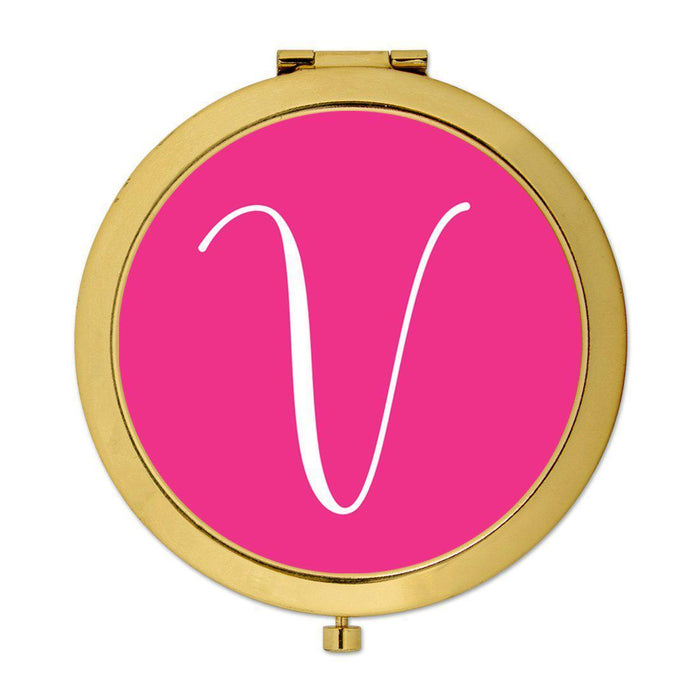 Andaz Press Fuchsia Hot Pink Monogram Gold 2.75 inch Round Compact Mirror-Set of 1-Andaz Press-V-