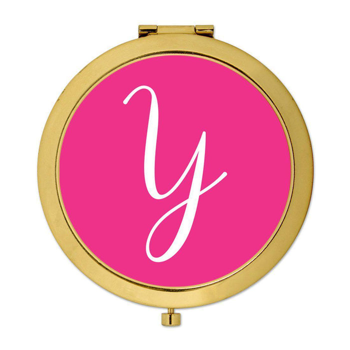 Andaz Press Fuchsia Hot Pink Monogram Gold 2.75 inch Round Compact Mirror-Set of 1-Andaz Press-Y-