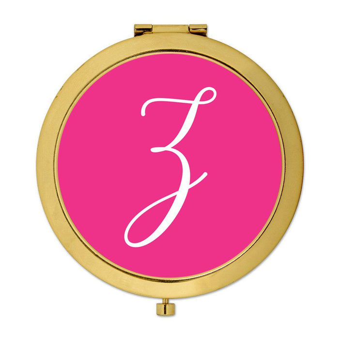 Andaz Press Fuchsia Hot Pink Monogram Gold 2.75 inch Round Compact Mirror-Set of 1-Andaz Press-Z-