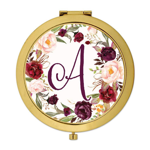 Andaz Press Marsala Burgundy Maroon Flowers on White Monogram Gold Compact Mirror-Set of 1-Andaz Press-A-