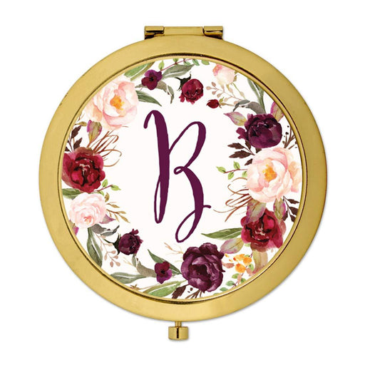Andaz Press Marsala Burgundy Maroon Flowers on White Monogram Gold Compact Mirror-Set of 1-Andaz Press-B-