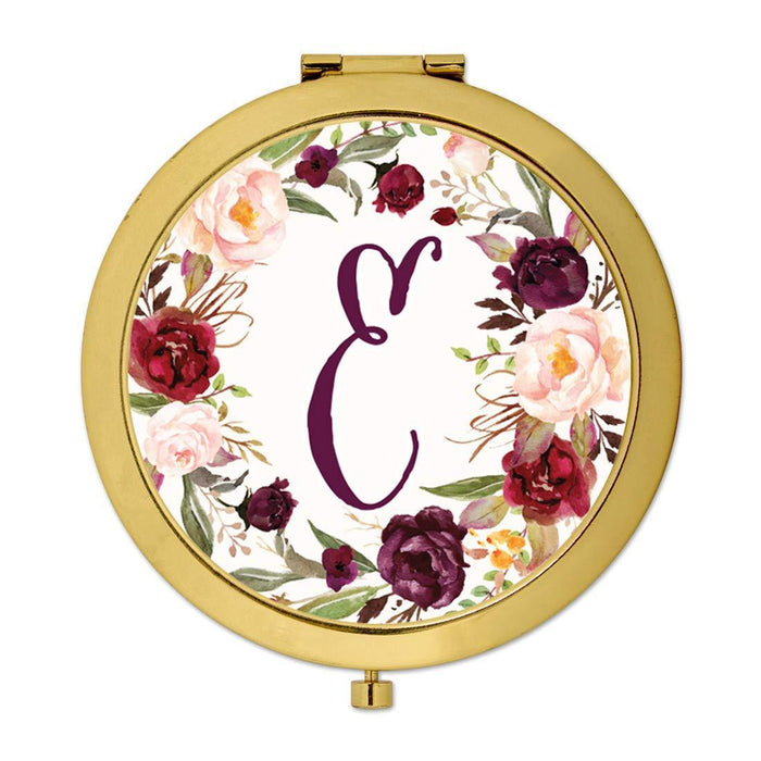 Andaz Press Marsala Burgundy Maroon Flowers on White Monogram Gold Compact Mirror-Set of 1-Andaz Press-E-