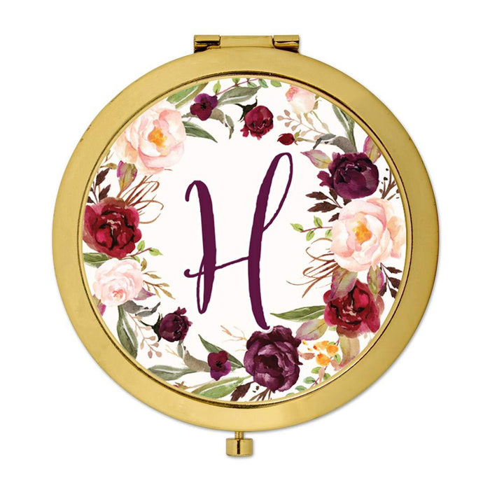 Andaz Press Marsala Burgundy Maroon Flowers on White Monogram Gold Compact Mirror-Set of 1-Andaz Press-H-