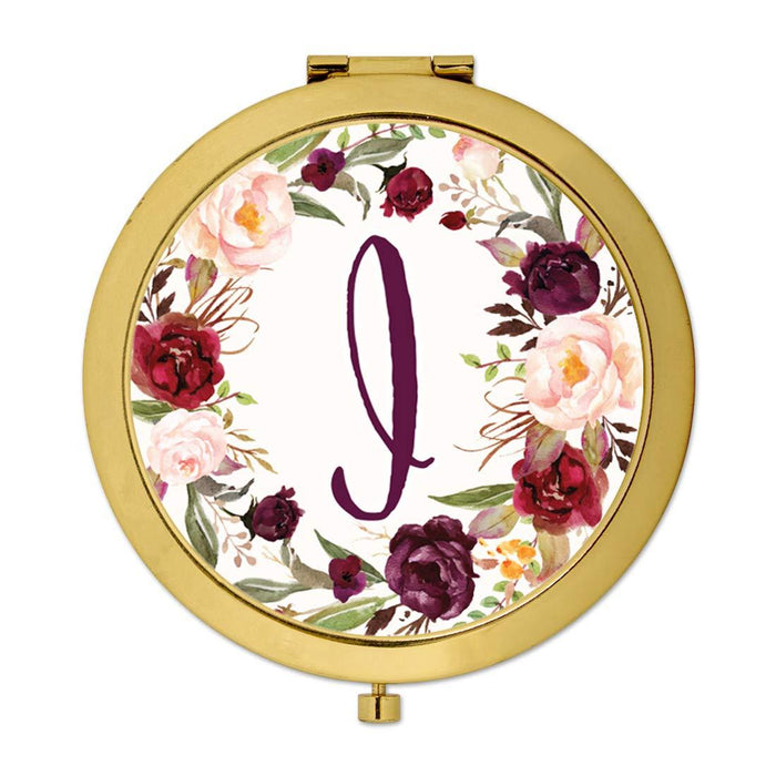 Andaz Press Marsala Burgundy Maroon Flowers on White Monogram Gold Compact Mirror-Set of 1-Andaz Press-I-