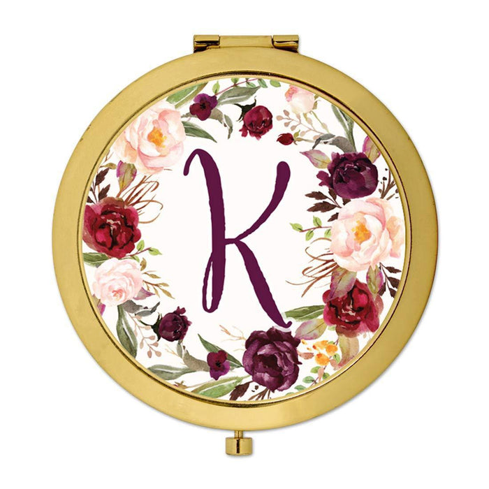 Andaz Press Marsala Burgundy Maroon Flowers on White Monogram Gold Compact Mirror-Set of 1-Andaz Press-K-